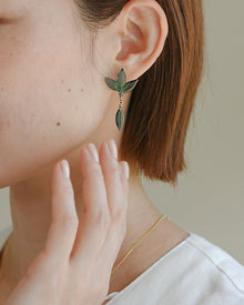 Earrings inspired by the vitality of fresh spring foliage. Delicate leaf‑shaped glass pieces sway gently from stud posts, as if light has been softly lifted from overlapping green leaves and transformed into jewelry.
