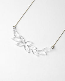 A necklace featuring a gentle arch of fresh green leaves, crafted in glass and suspended from a delicate gold‑plated chain. The design captures the vitality of new spring foliage, as if light has been softly lifted from overlapping leaves and transformed into an accessory.
Clear color.
