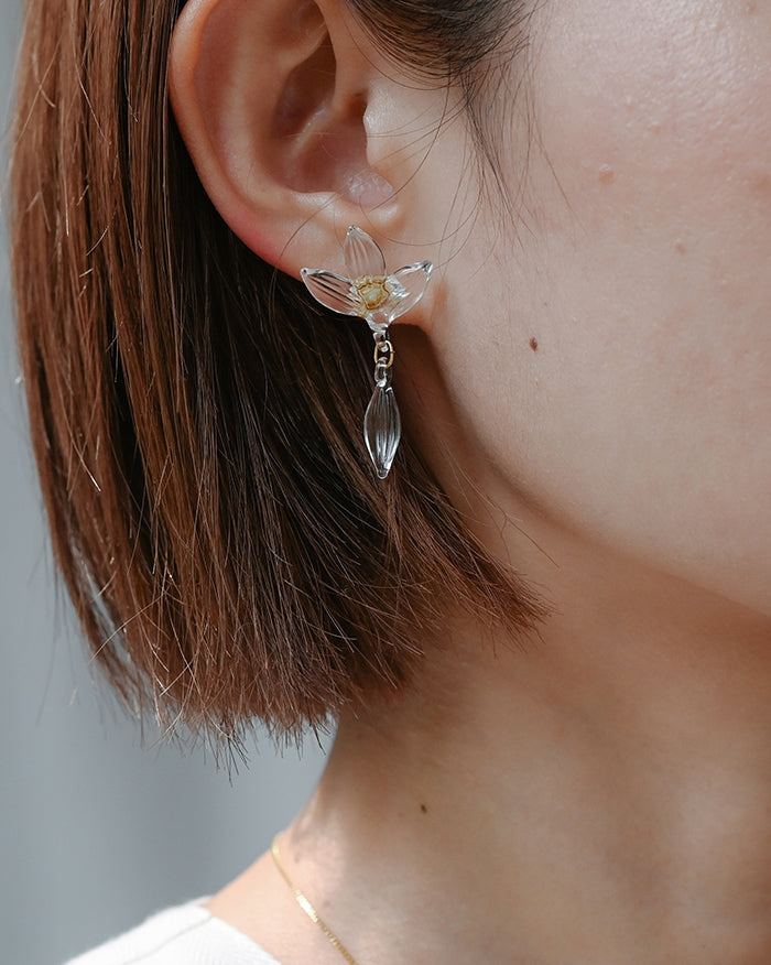 Earrings inspired by the vitality of fresh spring foliage. Delicate leaf‑shaped glass pieces sway gently from stud posts, as if light has been softly lifted from overlapping green leaves and transformed into jewelry.
Clear color