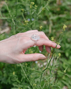 A delicate glass artwork inspired by flowers opening toward the sun, featuring finely shaped translucent petals that reflect light with soft brilliance. A handmade glass ring, carefully shaped by artisans, showcasing clear and luminous glasswork.
