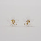 A pair of tiny clear glass flowers attached to gold‑plated earring hooks