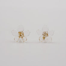 A pair of tiny clear glass flowers attached to gold‑plated earring hooks