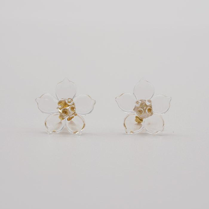 A pair of tiny clear glass flowers attached to gold‑plated earring hooks